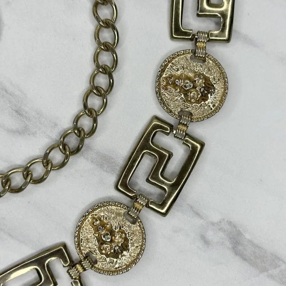 Vintage Gold Tone Greek Key Lion Head Medallion Chain Link Belt Small S Medium M